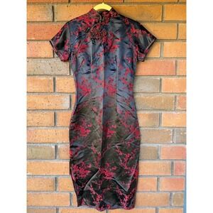 Vintage Traditional Cocktail Dress 1970s Asian | Black and Red | Size 36 Small